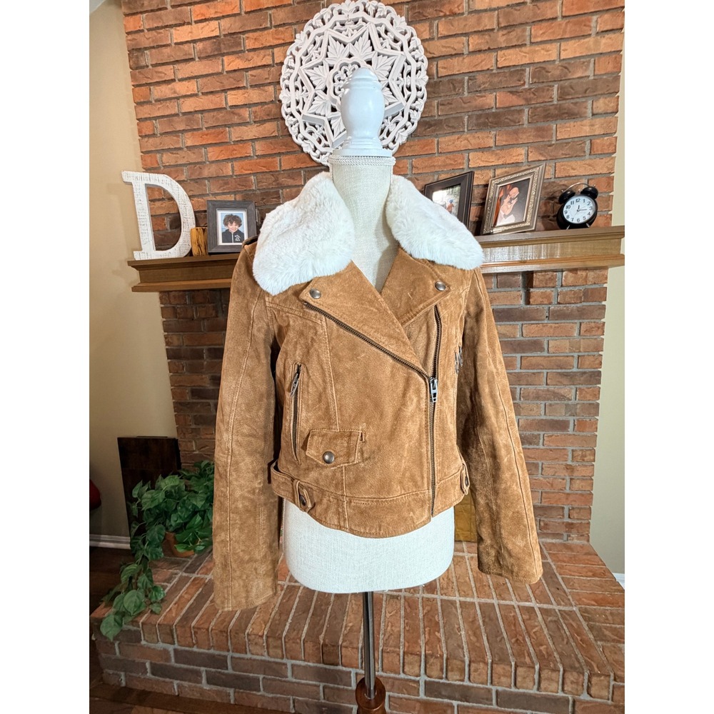 BLANKNYC Suede Moto Jacket Women Brown Removable Faux Fur Collar Size S
